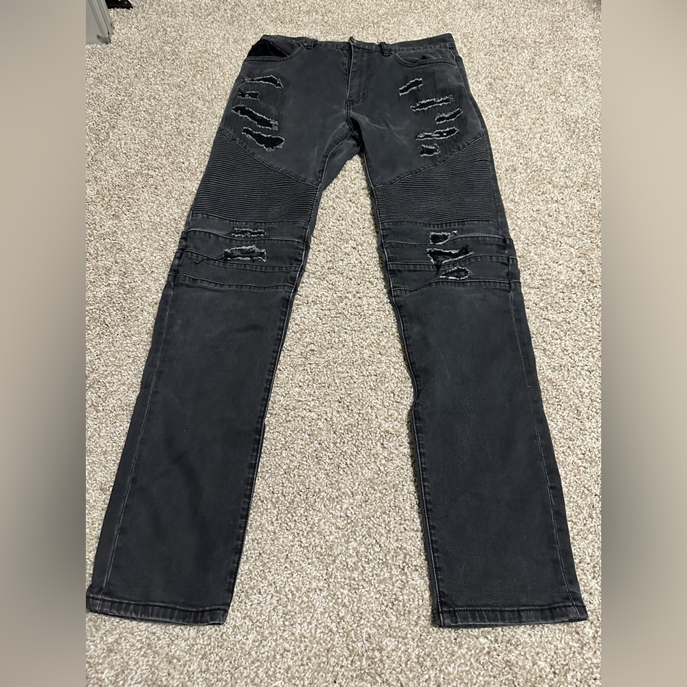 Reason Clothing Men's Grayson Slim Fit Denim Distressed Jeans Black-32x32